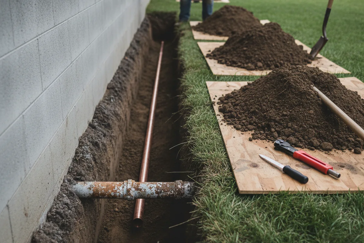 Excavated water line trench during Sewer Line Repair in Unionville Center
